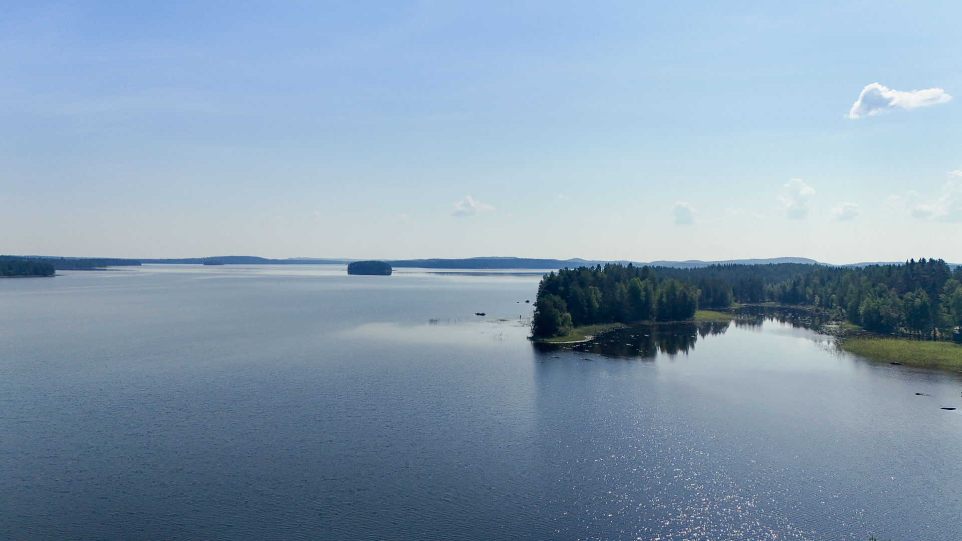 Lake Keitele from the air, islands on the lake with trees.