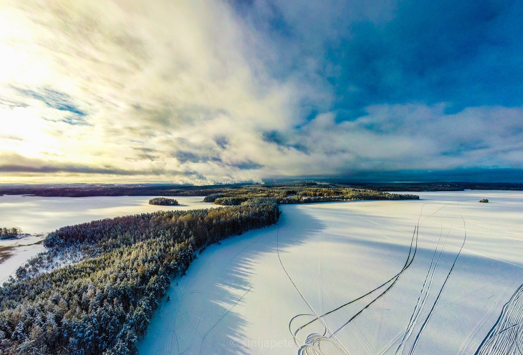 Aerial photo of Äänekoski’s ice ski trails.